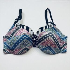 Victoria's Secret Push-Up Bra Womens 32D Blue Geometric Floral Chevron‎ Padded
